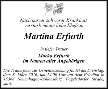 Traueranzeige von Martina Erfurth von Märkische Oderzeitung