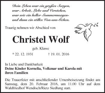 Traueranzeige von Christel Wolf von Märkische Oderzeitung