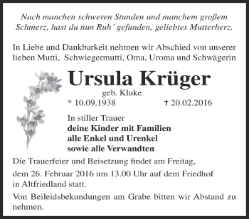 Traueranzeige von Ursula Krüger von Märkische Oderzeitung