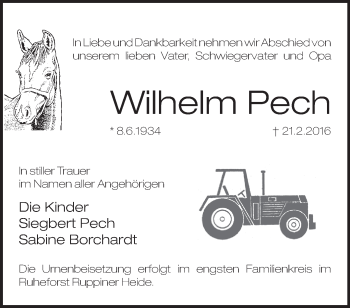 Traueranzeige von Wilhelm Pech von Märkische Oderzeitung