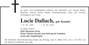 Traueranzeige von Lucie Dallach von Märkische Oderzeitung