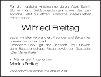 Traueranzeige von Wilfried Freitag von Märkische Oderzeitung