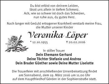 Traueranzeige von Veronika Löper von Märkische Oderzeitung