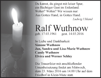 Traueranzeige von Ralf Wuthnow von Märkische Oderzeitung