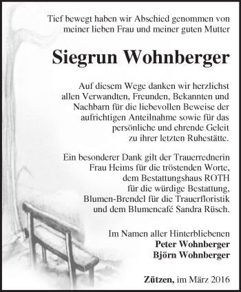 Traueranzeige von Siegrun Wohnberger von Märkische Oderzeitung