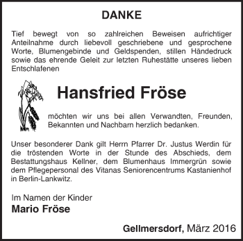 Traueranzeige von Hansfried Fröse von Märkische Oderzeitung