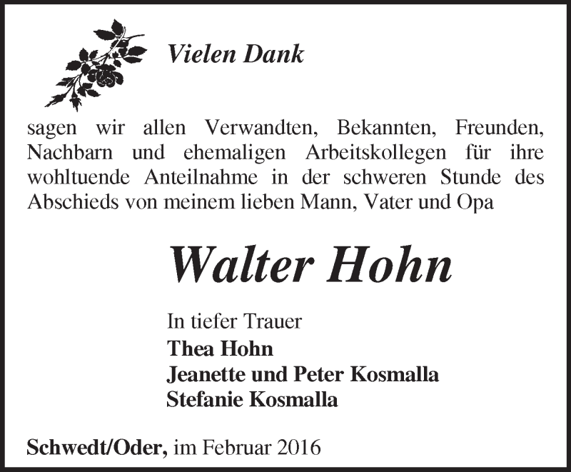  Traueranzeige für Walter Hohn vom 01.03.2016 aus Märkische Oderzeitung
