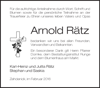 Traueranzeige von Arnold Rätz von Märkische Oderzeitung