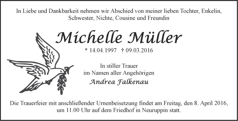  Traueranzeige für Michelle Müller vom 19.03.2016 aus Märkische Oderzeitung