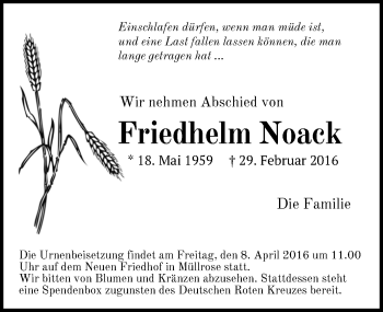 Traueranzeige von Friedhelm Noack von Märkische Oderzeitung