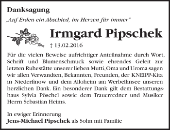 Traueranzeige von Irmgard Pipschek von Märkische Oderzeitung