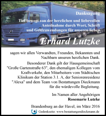 Traueranzeige von Erhard Lutzke von Märkische Oderzeitung