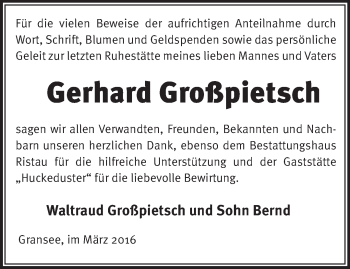Traueranzeige von Gerhard Großpietsch von Märkische Oderzeitung