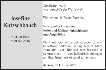 Traueranzeige von Josefine Kutzschbauch von Märkische Oderzeitung