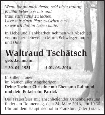 Traueranzeige von Waltraud Tschätsch von Märkische Oderzeitung