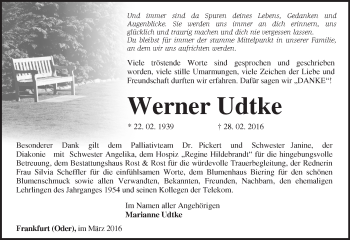 Traueranzeige von Werner Udtke von Märkische Oderzeitung