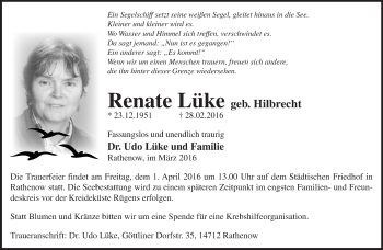 Traueranzeige von Renate Lüke von Märkische Oderzeitung