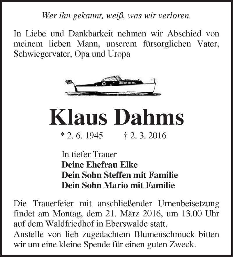  Traueranzeige für Klaus Dahms vom 13.03.2016 aus Märkische Oderzeitung