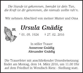 Traueranzeige von Ursula Gnädig von Märkische Oderzeitung