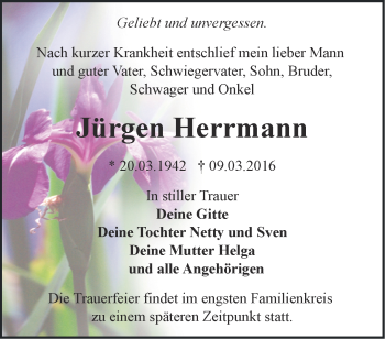 Traueranzeige von Jürgen Herrmann von Märkische Oderzeitung