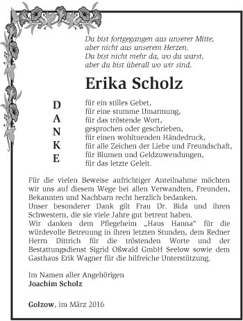 Traueranzeige von Erika Scholz von Märkische Oderzeitung
