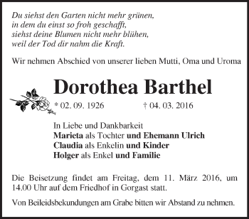 Traueranzeige von Dorothea Barthel von Märkische Oderzeitung