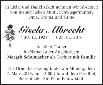 Traueranzeige von Gisela Albrecht von Märkische Oderzeitung