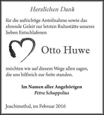 Traueranzeige von Otto Huwe von Märkische Oderzeitung