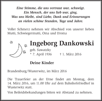 Traueranzeige von Ingeborg Dankowski von Märkische Oderzeitung