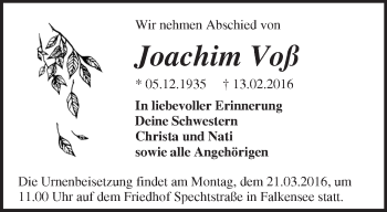 Traueranzeige von Joachim Voß von Märkische Oderzeitung