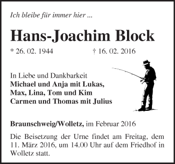 Traueranzeige von Hans-Joachim Block von Märkische Oderzeitung