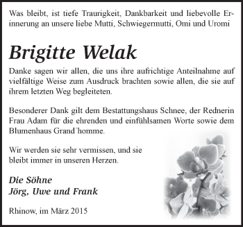 Traueranzeige von Brigitte Welak von Märkische Oderzeitung