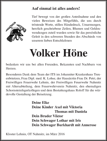Traueranzeige von Volker Höne von Märkische Oderzeitung