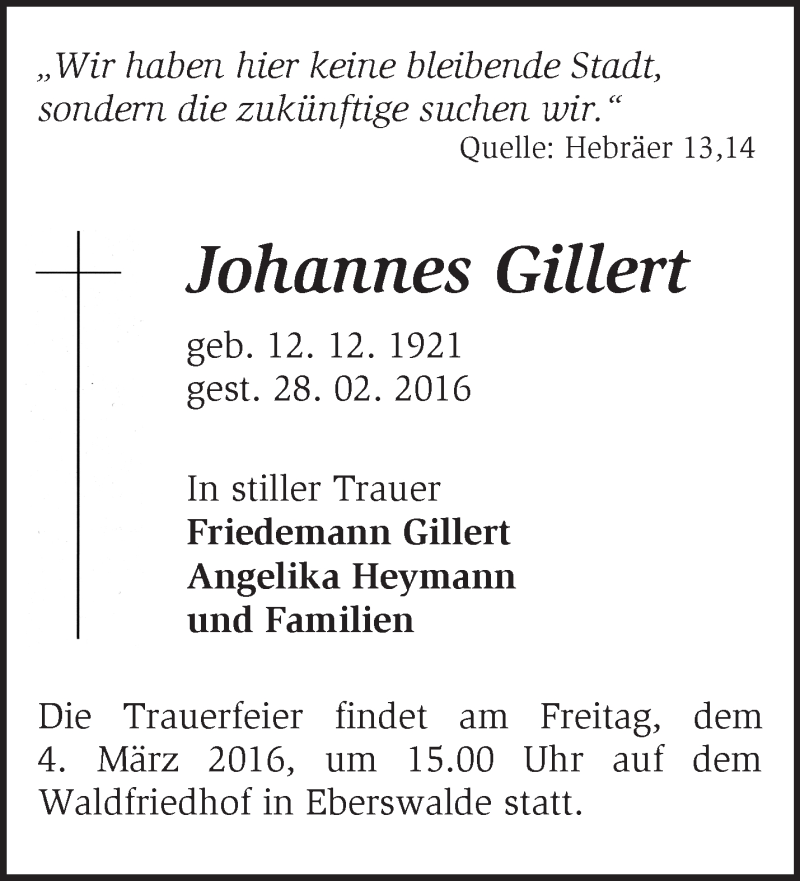  Traueranzeige für Johannes Gillert vom 02.03.2016 aus Märkische Oderzeitung