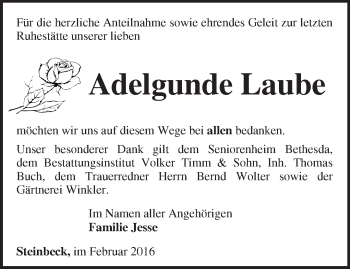 Traueranzeige von Adelgunde Laube von Märkische Oderzeitung