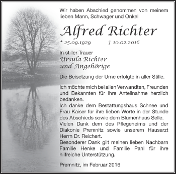 Traueranzeige von Alfred Richter von Märkische Oderzeitung