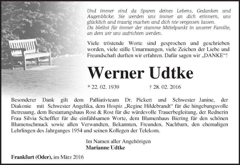  Traueranzeige für Werner Udtke vom 26.03.2016 aus Märkische Oderzeitung