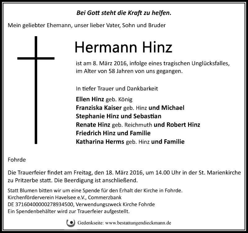  Traueranzeige für Hermann Hinz vom 13.03.2016 aus Märkische Oderzeitung