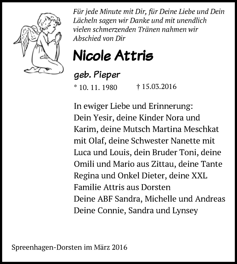  Traueranzeige für Nicole Attris vom 26.03.2016 aus Märkische Oderzeitung