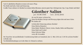 Traueranzeige von Günther Salius von Märkische Oderzeitung