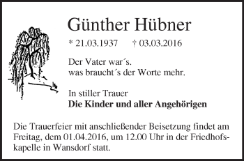 Traueranzeige von Günther Hübner von Märkische Oderzeitung