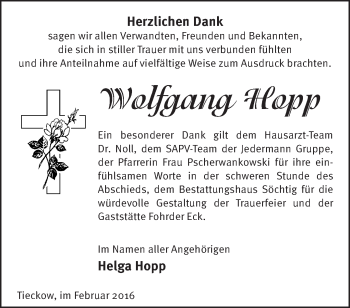 Traueranzeige von Wolfgang Hopp von Märkische Oderzeitung