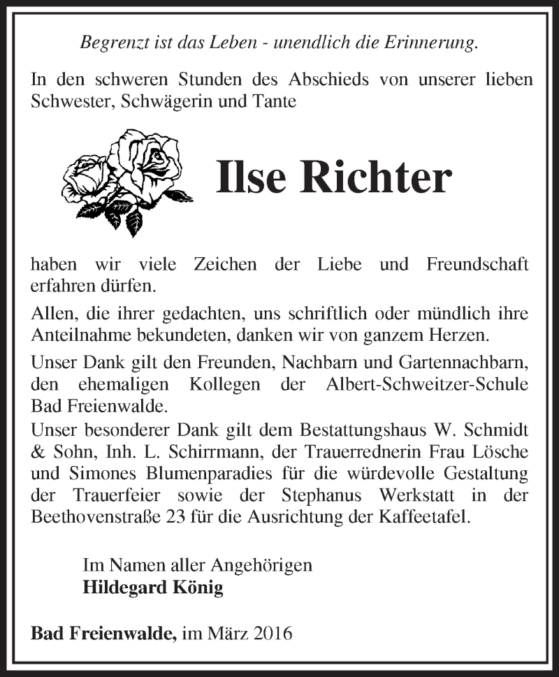  Traueranzeige für Ilse Richter vom 19.03.2016 aus Märkische Oderzeitung