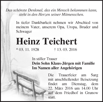 Traueranzeige von Heinz Teichert von Märkische Oderzeitung