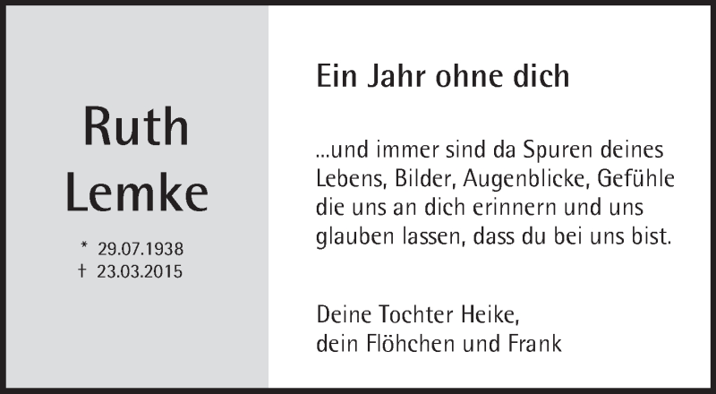 Traueranzeigen von Ruth Lemke | Märkische Onlinezeitung Trauerportal