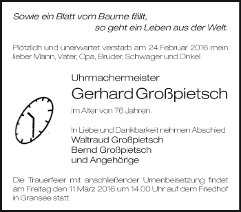 Traueranzeige von Gerhard Großpietsch von Märkische Oderzeitung