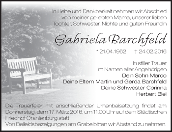 Traueranzeige von Gabriela Barchfeld von Märkische Oderzeitung