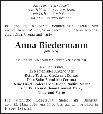 Traueranzeige von Anna Biedermann von Märkische Oderzeitung