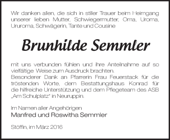 Traueranzeige von Brunhilde Semmler von Märkische Oderzeitung