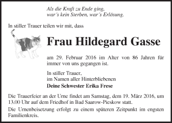 Traueranzeige von Hildegard Gasse von Märkische Oderzeitung